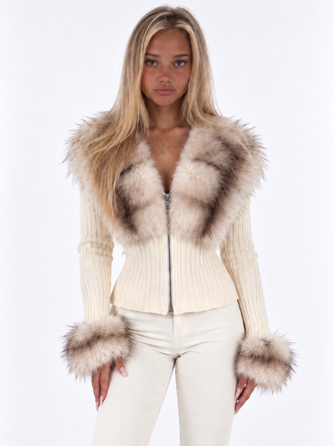 Faux Fur Ribbed Knit Cardigan – Ivory