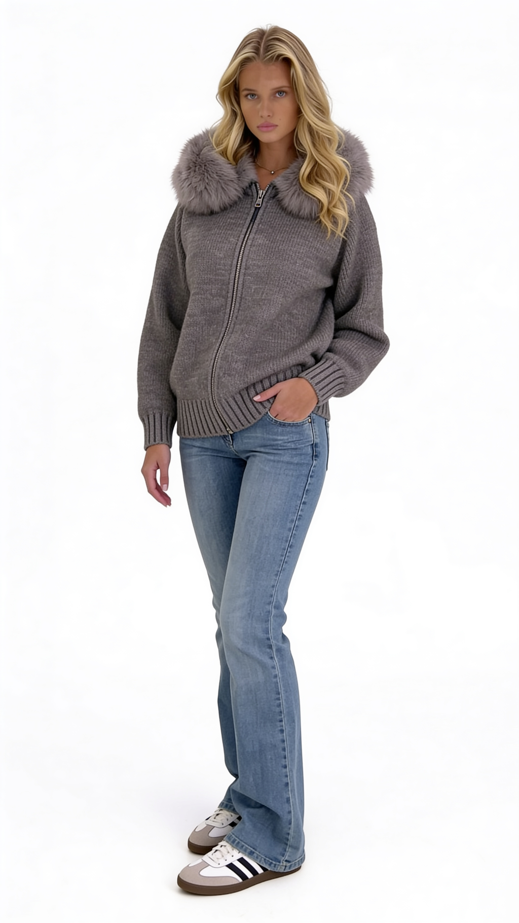 Strickjacke mit Kunstfellkragen — Taupe Grau