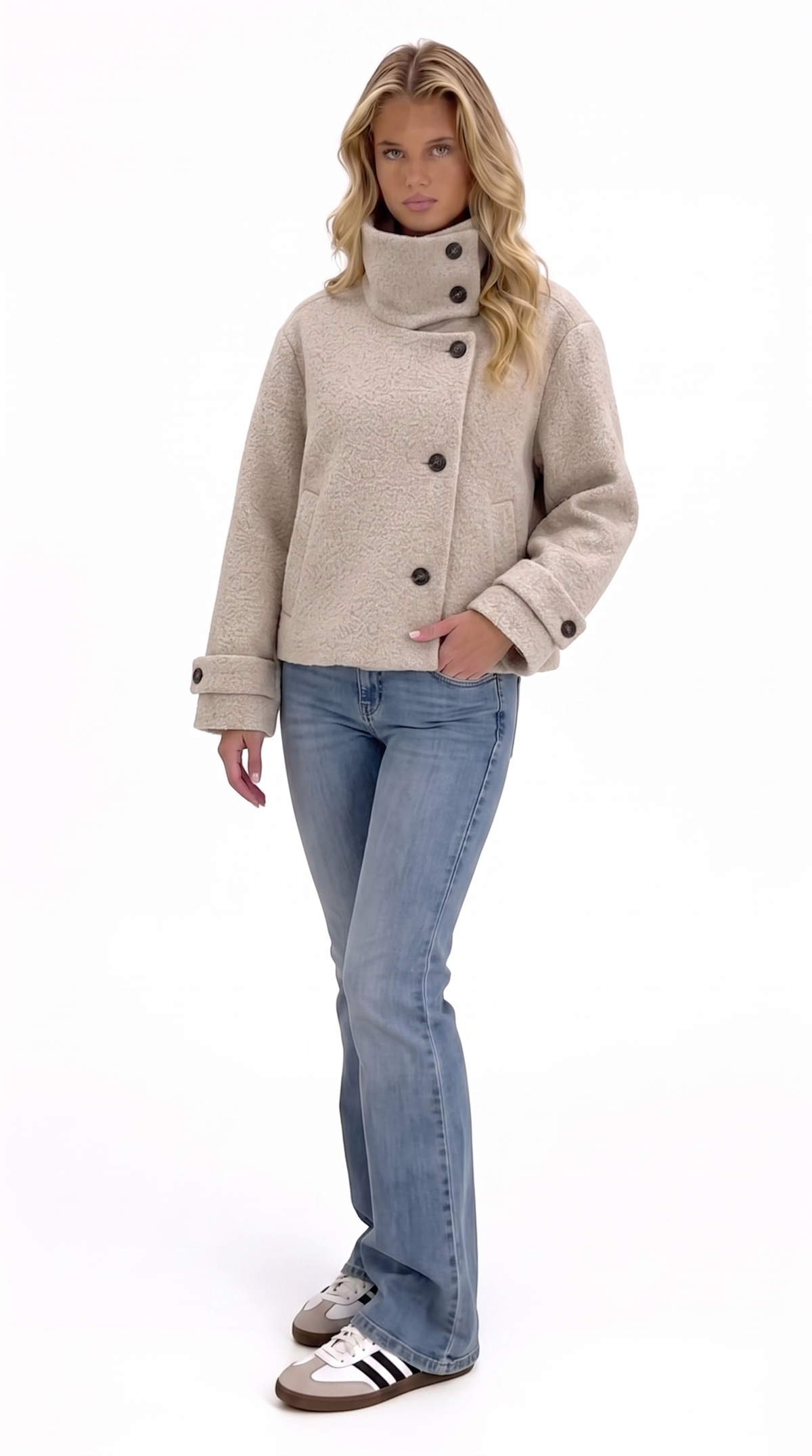 Boucle-Jacke mit asymmetrischem Kragen — Sand
